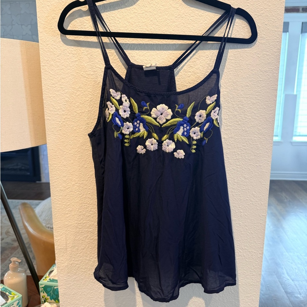 Navy Embroidered Floral Spaghetti-Strap Cami